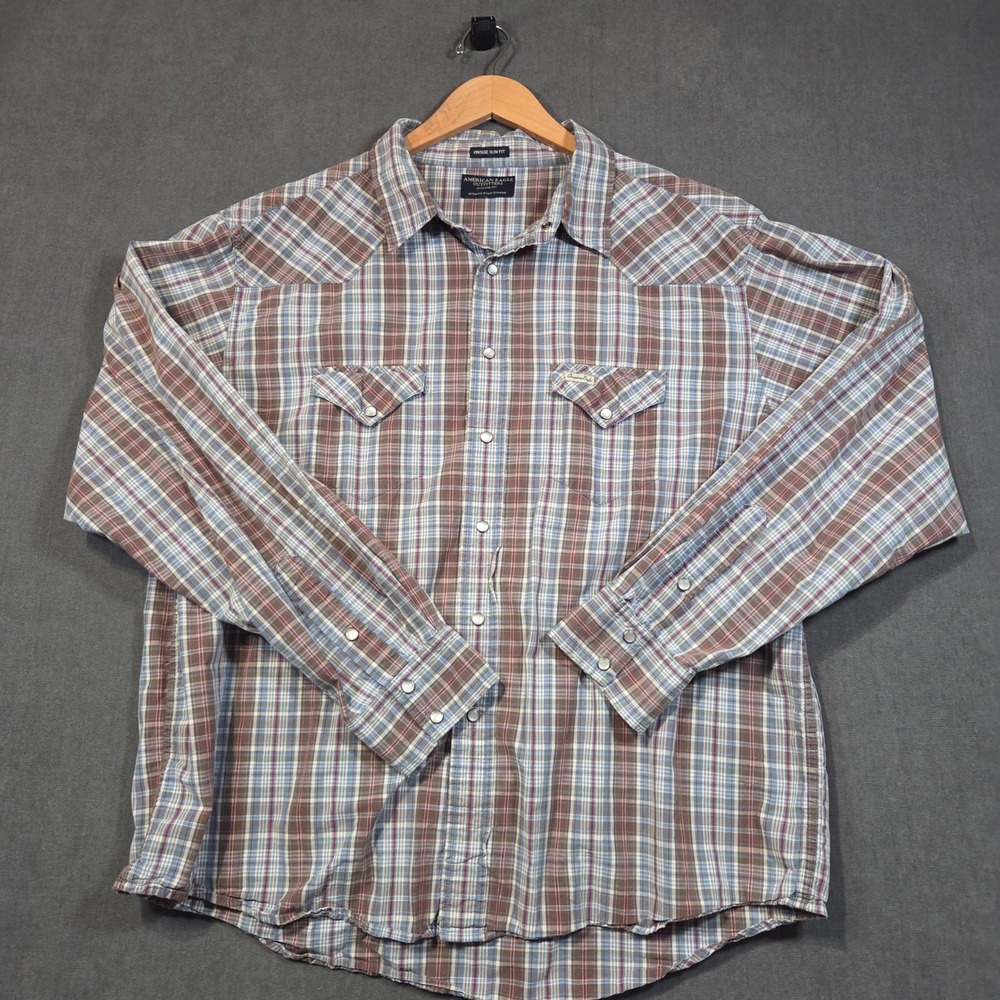 American Eagle Western Shirt Mens XL Blue Brown Plaid Pearl Snap Slim Fit